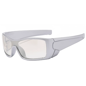 Futuristic silver frame sports sunglasses with wrap-around shield for Y2K outdoor style