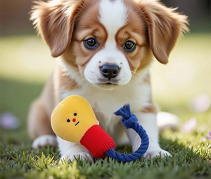 Detailed plush dog toy with red knitted fabric and durable blue cotton rope tail