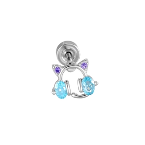 Silver kitten headphone cartilage stud with light blue and purple gemstones