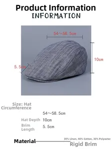 Detail view of herringbone flat cap showing size specs and linen cotton fabric texture