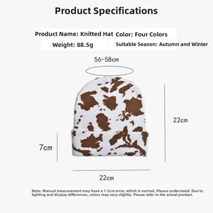 Size chart showing cow print knitted beanie measurements 22x22cm with a 7cm cuff detail