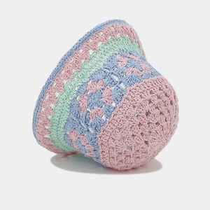 Handmade crochet bucket hat with colorful stripes and breathable hollow flower pattern
