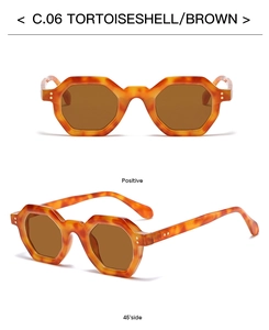 Detail view of tortoiseshell geometric octagonal sunglasses from front and side angles