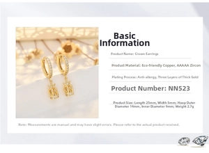 Detailed specs of crown drop earrings made of copper with AAAA zircons and gold plating