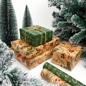 Christmas Wrapping Paper Kraft Paper Roll Vintage Cardinal Bird Pine Berry Design For Holiday Party Gift Packaging