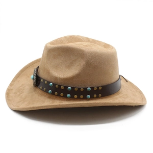 Close-up of brown suede cowboy hat with leather band, turquoise beads and metal studs