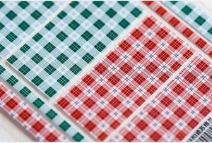 Macro shot of 5D Scottish plaid nail art stickers in red and green classic patterns
