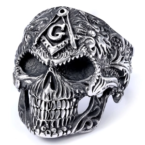 Vintage punk skull ring with silver Masonic G compass square symbols for men