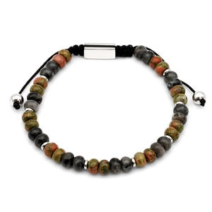 Adjustable natural stone beaded bracelet with patterned green and gray jasper stones