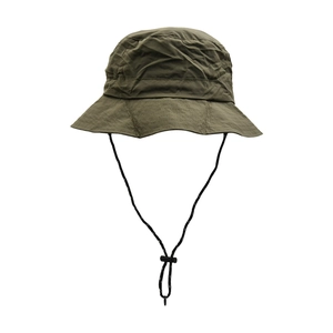 Detail of army green outdoor bucket hat with adjustable black drawstring and quick-dry fabric