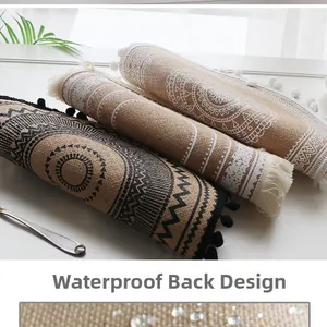 Detail showing waterproof backing of mandala jute placemat with bohemian tassels