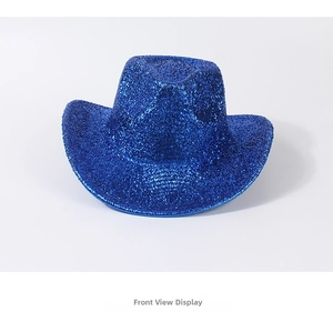 Close-up of vibrant blue glitter cowboy hat with sparkling sequin finish for parties