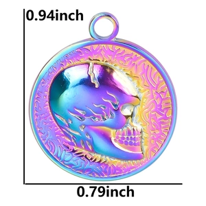 Macro view of iridescent skull pendant showing 0.94 by 0.79 inch dimensions