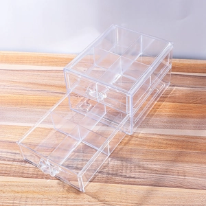 Macro view showing double-layer clear acrylic storage box with two sliding drawers