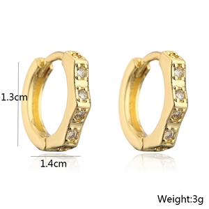 Detailed view of gold plated hoop earrings with zircon stones and size dimensions