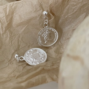 Vintage Coin Drop Earrings With 925 Sterling Silver Earring Post British Queen Elizabeth Portrait Round Medal Retro