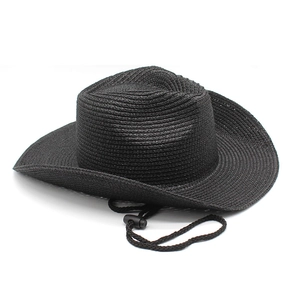 Cappello da cowboy in paglia nera con tesa larga e cordino regolabile per protezione solare