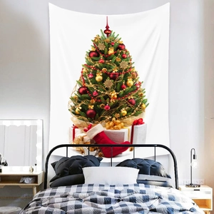 Detail of Christmas tree tapestry with red stockings hanging on a bedroom wall decoration
