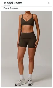 Deep coffee two-piece yoga set featuring V-neck sports bra and high waist shorts