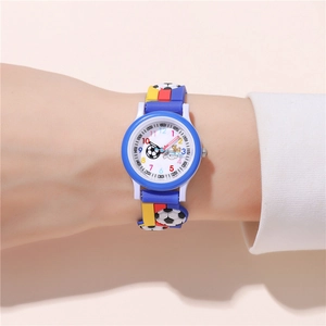 Close-up of kids quartz watch with soccer pattern and colorful numbers on blue strap