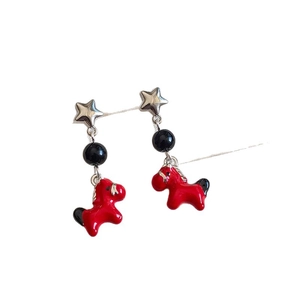 Chinese style horse drop earrings with red enamel charms and silver needle studs