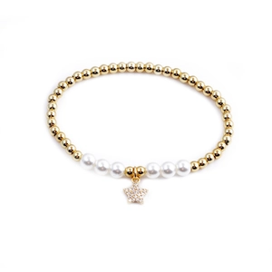 Elegant gold beaded bracelet with white pearls and a sparkling zircon star pendant charm