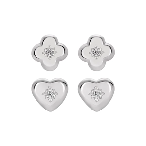 S925 sterling silver four-leaf clover and heart stud earrings with star-set crystals