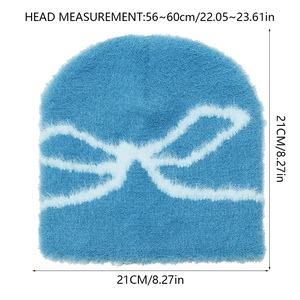 Size guide for blue plush beanie showing 21cm height and 56-60cm head circumference