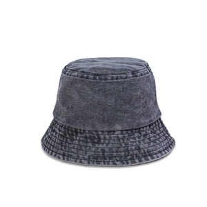 Detailed texture of dark grey washed denim bucket hat with multi-row stitching on the brim