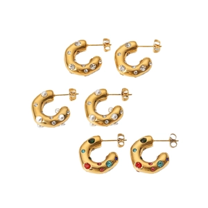 Three pairs of 18K gold plated stainless steel hoop earrings with pearls and zircons