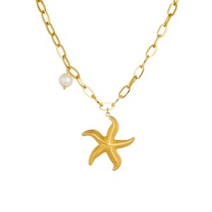 Gold starfish pendant necklace with white pearl on stainless steel chain over white background