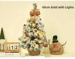 60cm flocked mini Christmas tree with gold ornaments, LED lights and burlap base