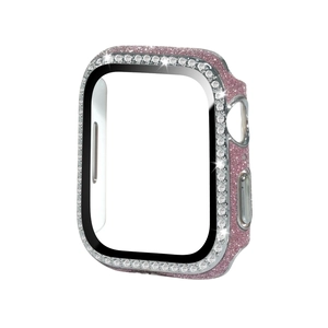 Coque rose pailletée pour Apple Watch avec double rangée de strass et protection d'écran