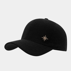 Detail of black wool-blend baseball cap with a gold star stud and 6-panel structure