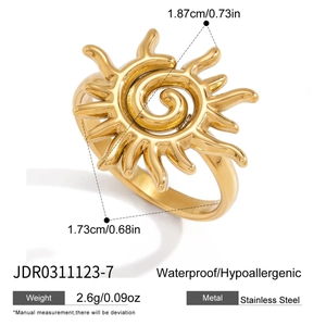Spécifications détaillées de taille et poids pour la bague soleil en acier doré 18K