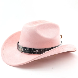 Detailed close-up of pink suede cowboy hat with black belt and silver lion head buckle
