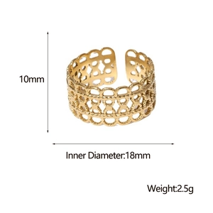 Detailed size chart showing 10mm width and 18mm diameter for hollow gold open ring