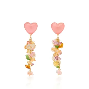 Detail of pink heart stud with multi-color crystal tassel long dangle earrings