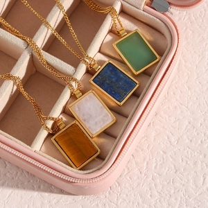Retro 18K gold plated stainless steel necklaces with colorful rectangular pendants