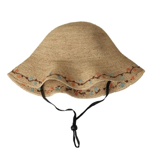 Handmade raffia sun hat for women with floral embroidery and adjustable wind cord