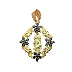 Gold Guadalupe pendant with black zircon in a rhombus hollow frame on white background