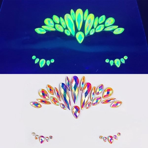 Glow-in-the-dark face rhinestone stickers showing fluorescent and holographic effects