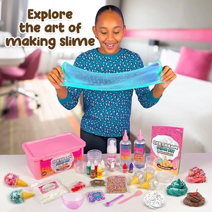 DIY Ice Cream Slime Kit with soft clay and tools shown with a young girl playing
