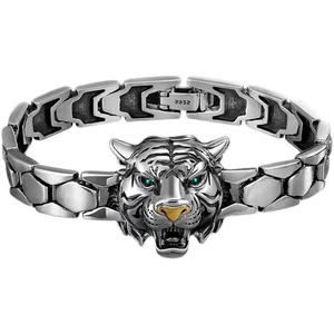 Vintage 925 silver tiger head bracelet with green eyes and geometric link chain for men