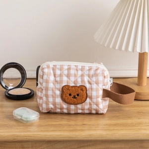 Quilted check cosmetic bag with bear patch and handle, large cotton makeup organizer