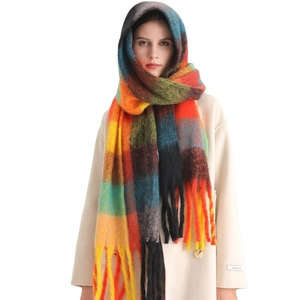 Chunky rainbow plaid scarf with long tassels and thick knit texture for winter warmth