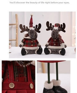 Détails de rennes de Noël en peluche avec tissu écossais rouge et boutons en bois