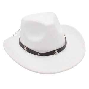 White cowboy hat detail with black leather band and silver star metal ornaments
