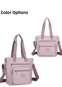 Detail view of the light purple waterproof nylon tote bag with multiple zipper pockets