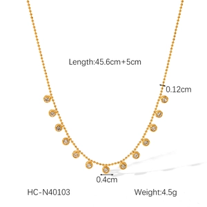 Detail showing dimensions of gold stainless steel necklace with round zircon pendants
